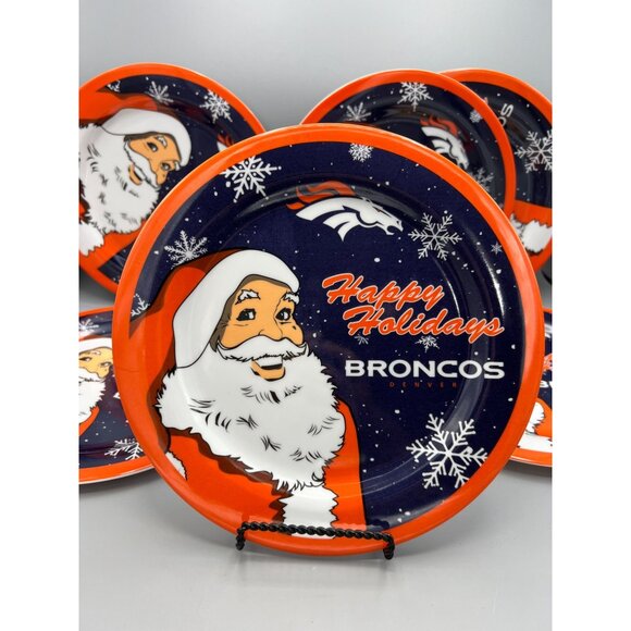 Set (6) Denver Broncos Plates Christmas Dishes Happy Holiday Santa Melamine 10" - Picture 1 of 8